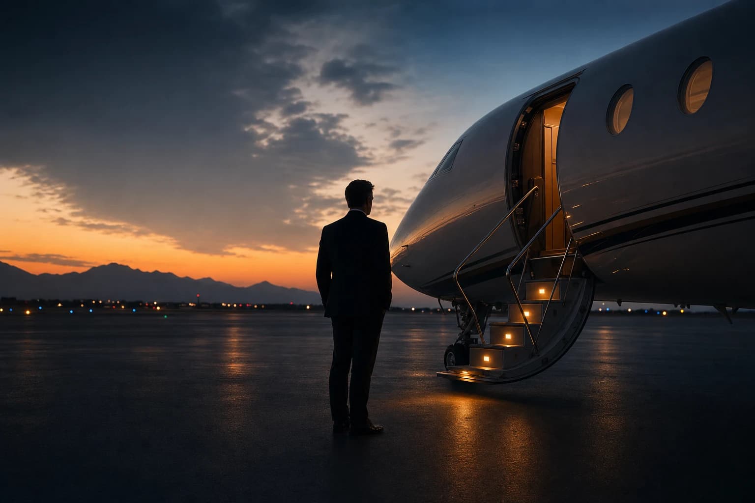 A private aircraft waiting at dusk